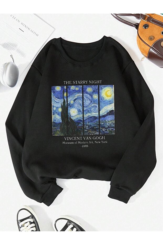 Starry Night Thick Winter Sweatshirt - Black Printed Oversized Crew Neck