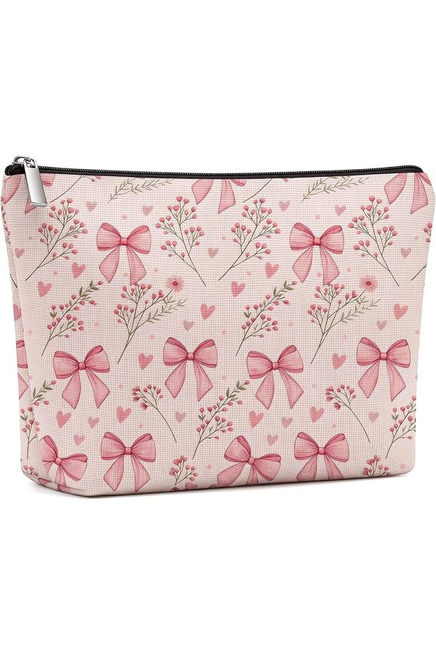 Makeup Bag for Women Girls, Cute Coquette Cosmetic Pouch with Sweet Heart Bow and Floral Print, Pink Bow Zipper Closure Travel Toiletry Bag, Stylish Preppy Makeup Organizer Gifts for Women Teen Girls