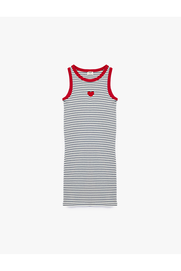Heart Embroidered Crew Neck Sleeveless Cotton Camisole Striped Long Dress