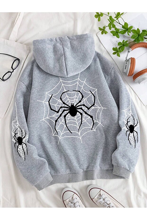 3 Thread Spider Sleeve Detail Thick Winter Sweatshirt - Gray Printed Oversize Hoodie with Pockets
