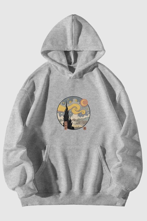 Starry Night Thick Winter Sweatshirt - Gray Printed Oversize Ribbon Pocket Hooded