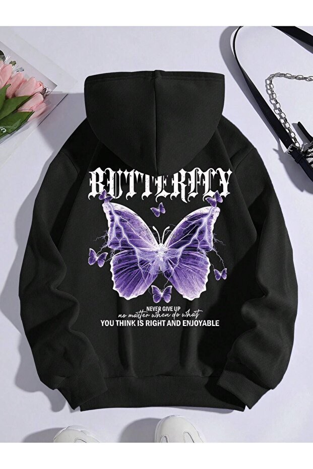 Butterfly Enjoyable Thick Winter Sweatshirt - Black Printed Oversized Hoodie with Pockets