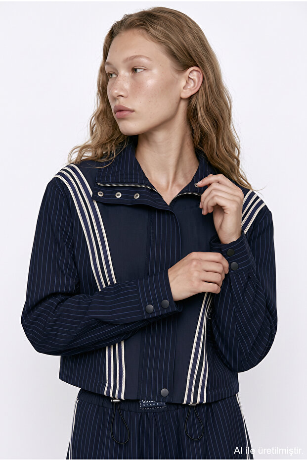 Striped Stand Collar Bomber Jacket Navy Blue