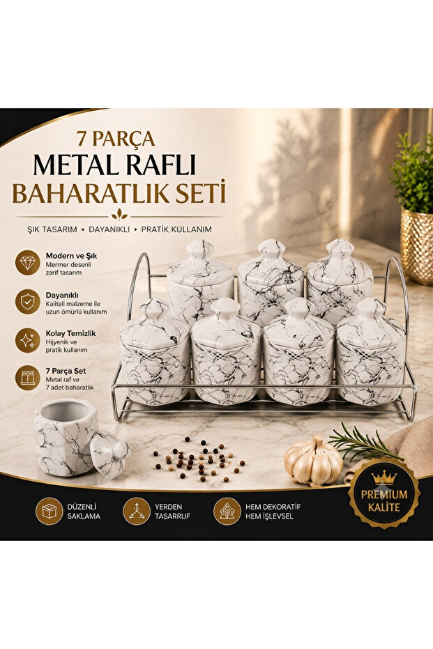 7-Piece Luxury Marble Patterned Spice Rack Set with Metal Shelves - Stylish and Modern Seasoning Set