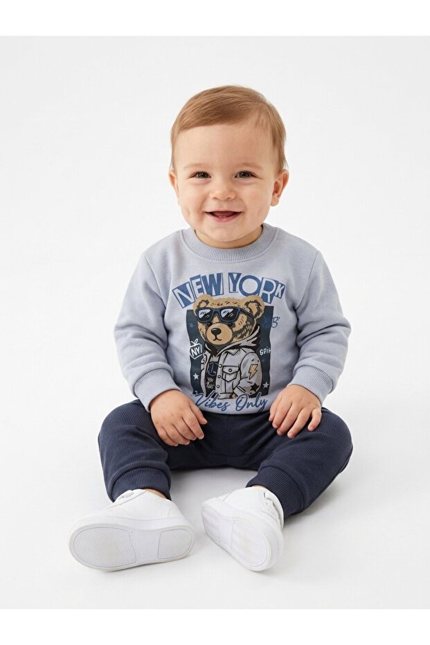 Cotton Teddy Bear Detailed 2-Piece Baby Boy Set, Gray
