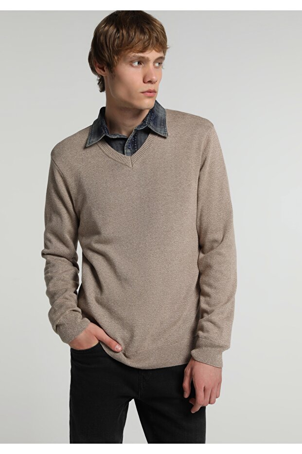 Regular Fit V-Neck Plain Men's Beige Sweater