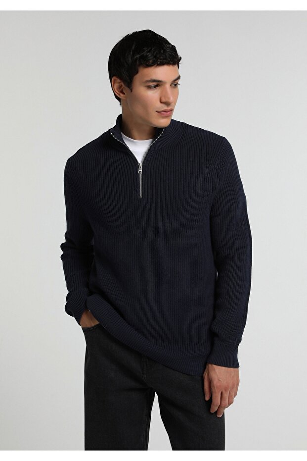 Regular Fit High Neck Jacquard Men's Navy Blue Sweater