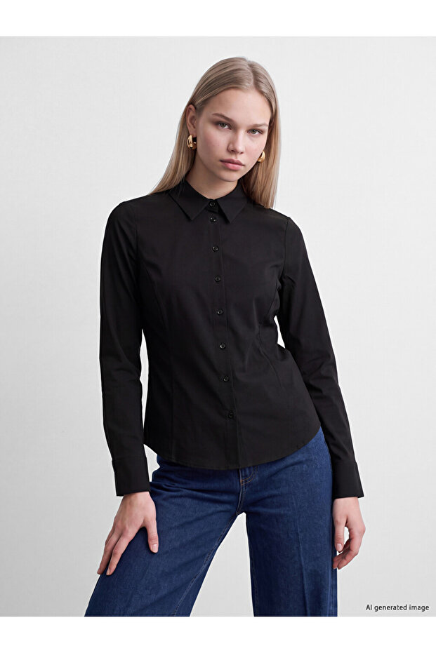 Özmarka New Season Black Poplin Women's Shirt