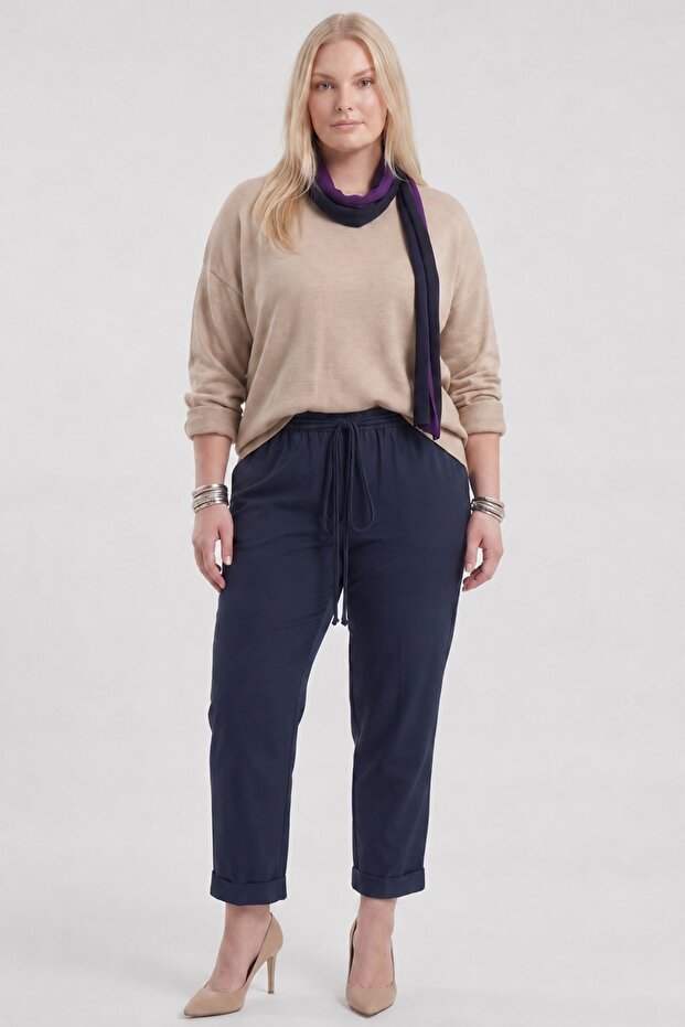 High Waist Lyocell Trousers Dark Navy Blue
