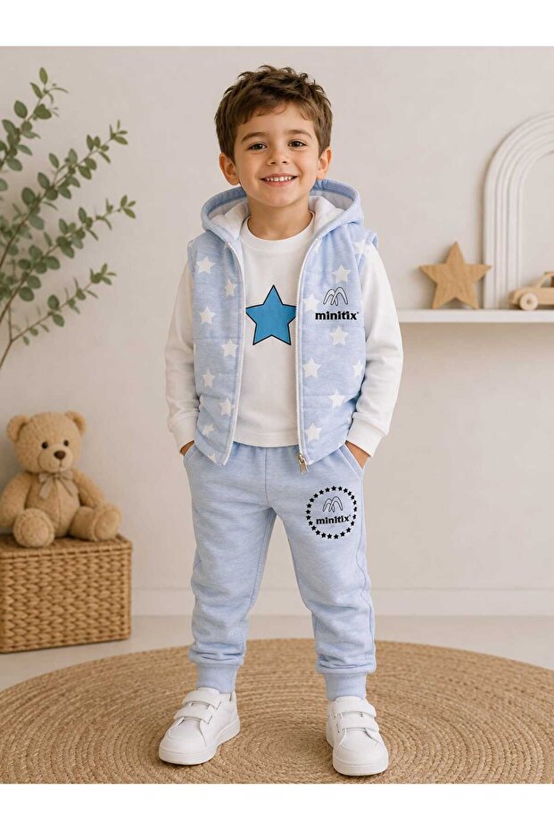 Boy's Star Patterned Hooded Combed Cotton Puffy Vest 3-Piece Seasonal Cotton Suit