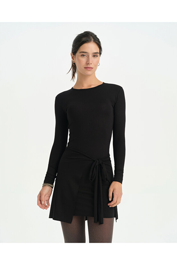 Black Ecovero ™ Viscose Crew Neck Waist Tie Long Sleeve Mini Wrap Dress