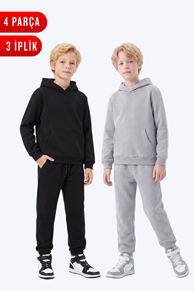 2-Piece Plain 3-Thread Winter Kangaroo Pocket Hooded Boys' Tracksuit Set