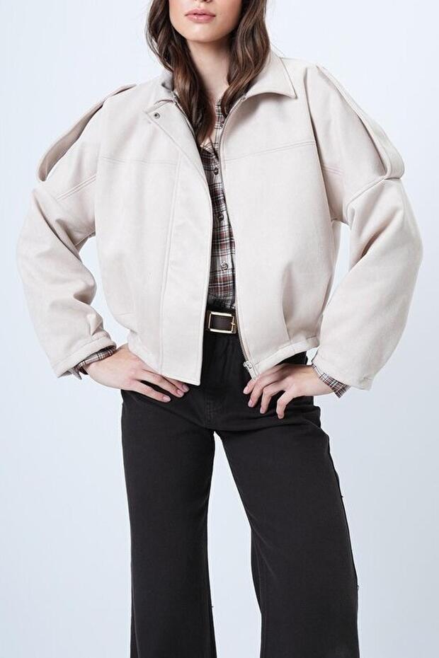 Women's Oversize Epaulet Bomber Ecru Leather Suede Jacket