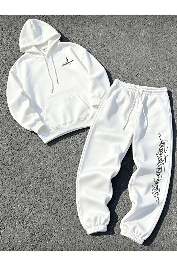 Unisex Women's and Men's Gothıc Letter Text Printed Oversize 3 Thread Hooded Hoodie and Jogger Sweatpants