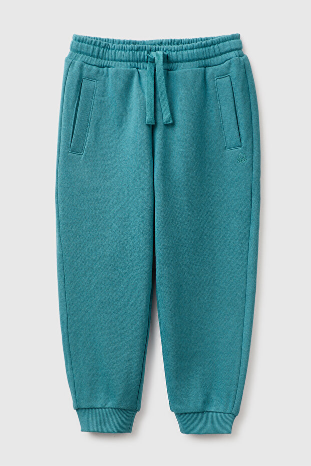 Boys' Petrol Green Ribbed Drawstring Sweatpants with Embroidered Logo on the Front