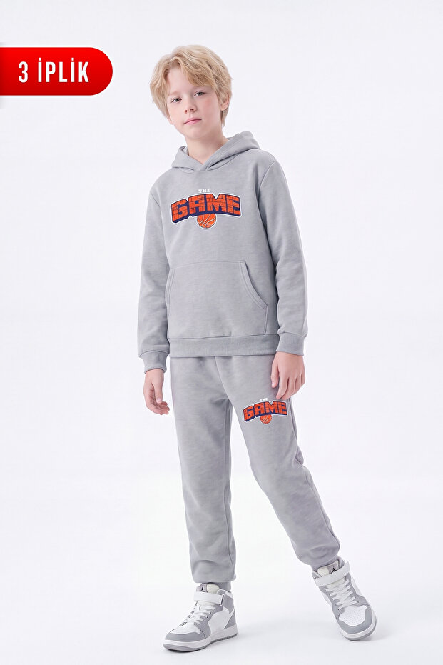 3 Thread Printed Winter Kangaroo Pocket Hooded Boys' Tracksuit Set