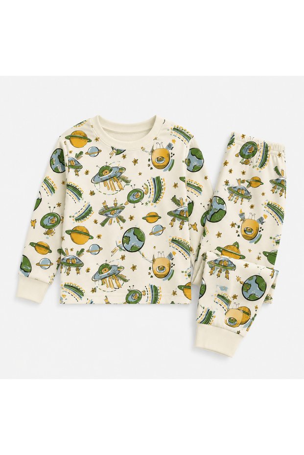 Elmas Kids Male Child 100% Cotton Space Planet Pattern Long-Sleeve Sleepwear Set