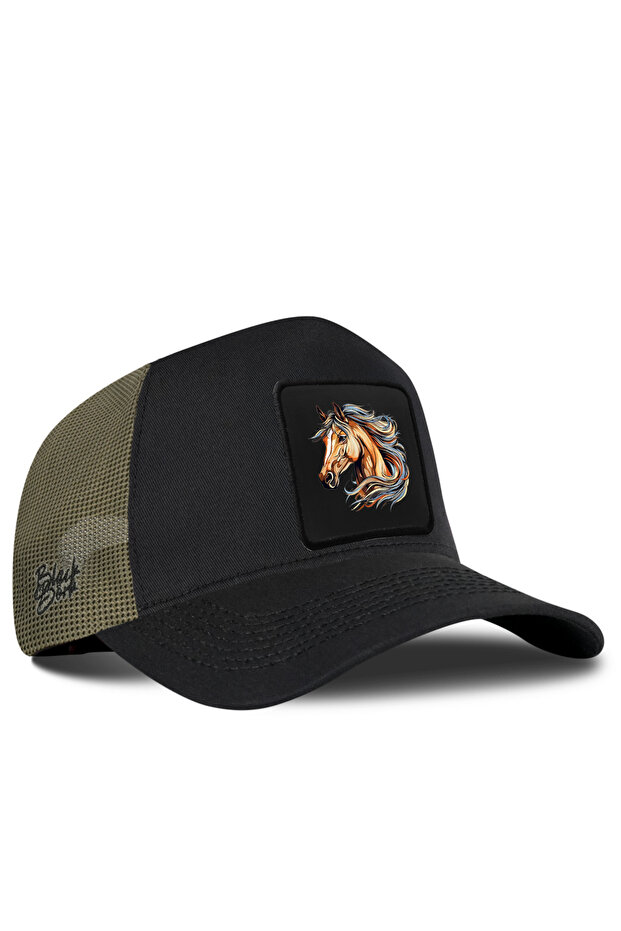 Black-Khaki Trucker Hat with Horse Logo