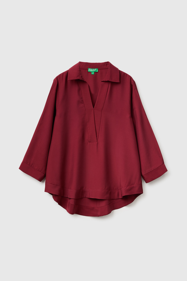 Women's Plum Soft Textured Polo Collar Long Sleeve Blouse