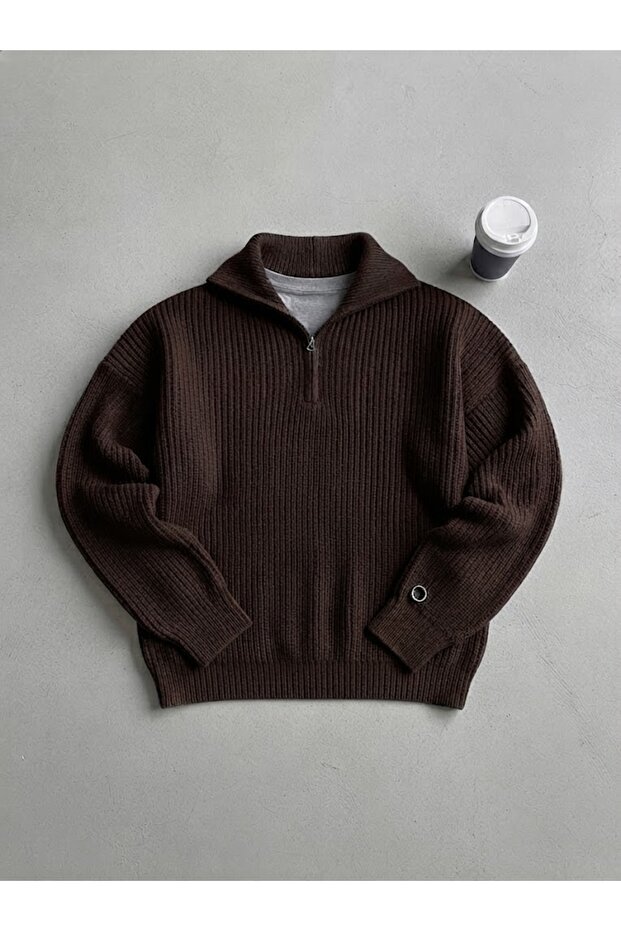 Men's Winter Thick Turtleneck Fisherman's Collar Zip-Up Basic Knitwear Sweater