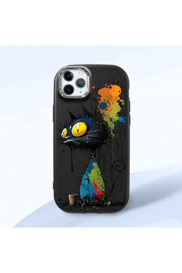 iPhone 11 Pro Compatible Graffiti Style Black Cat Phone Case, Shockproof Silicone Case