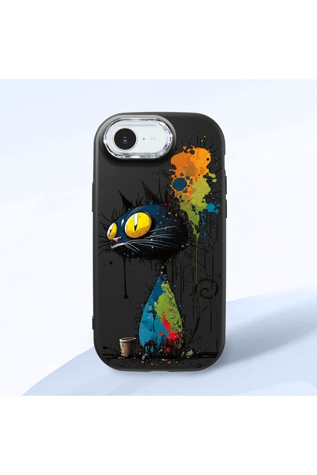 iPhone 17E Compatible Graffiti Style Black Cat Phone Case, Shockproof Silicone Case