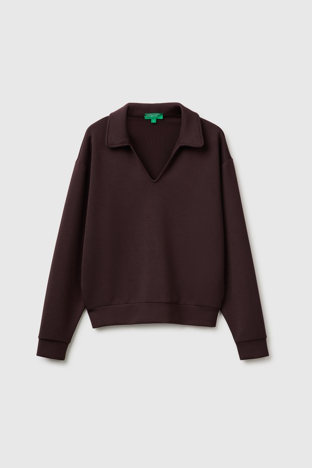 Women's Brown Modal Blend Long Sleeve Polo Collar Top