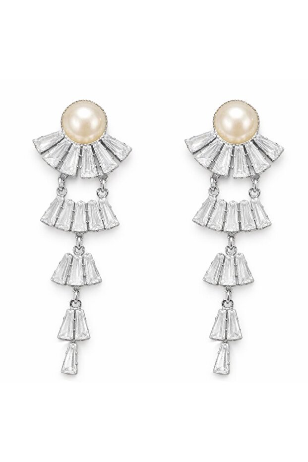 Women's Elegant Dangle Crystal Stone Pearl Detailed Evening Dress Earrings