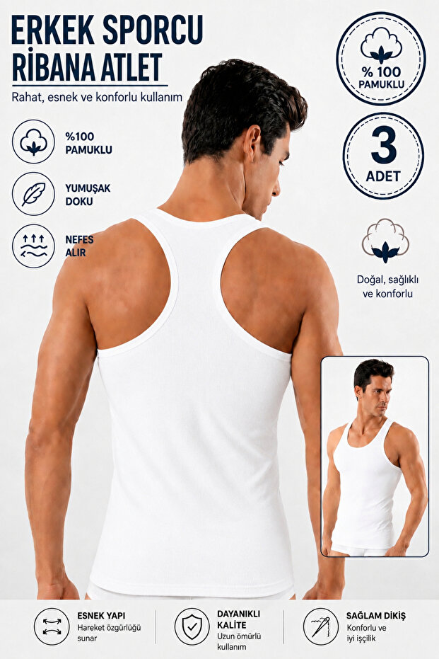 Men's Athlete Ribbed Undershirt (Tutku Authorized Seller) 3 Pieces Cotton Flexible Comfortable – White