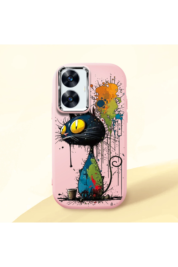 Realme C55 Compatible Graffiti Style Black Cat Phone Case, Shockproof Silicone Case