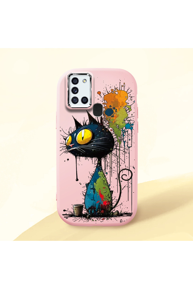 Samsung Galaxy A21S Compatible Graffiti Style Black Cat Phone Case, Shockproof Silicone Case