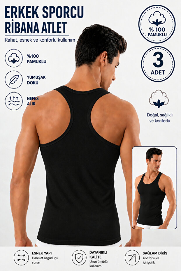 Men's Athlete Ribbed Undershirt (Tutku Authorized Seller) 3 Pieces Cotton Flexible Comfortable – Black