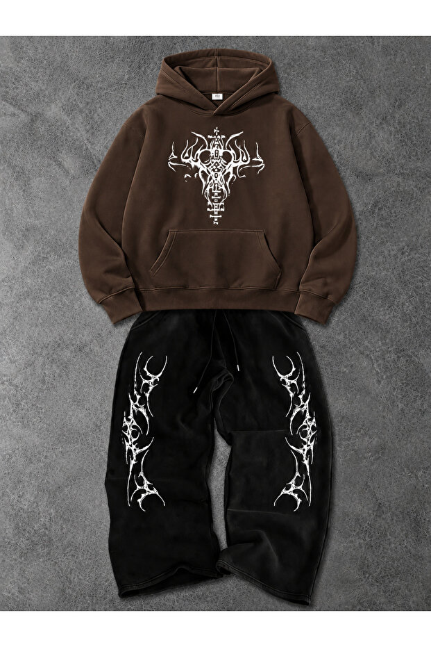 Unisex Women's and Men's Punch Printed Oversize 3 Thread Hooded Sweatshirt and Baggy Sweatpants