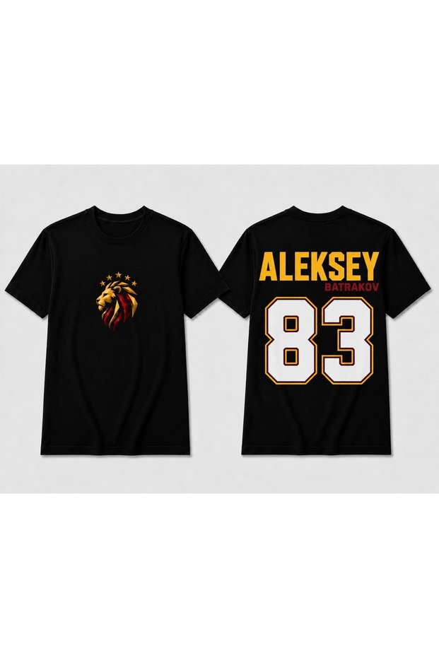 Aleksey Batrakov 83 Black Unisex T-Shirt with Back Printed Lion Logo