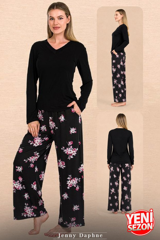 Women's Black Floral 92% Viscose Lycra Pajama Set Long Sleeve Wide Leg 11700