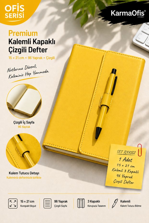 Yellow 15X21 cm Lined Notebook with Pen and Cover, 96 Sheets, 3 Covers – 7 Color Options