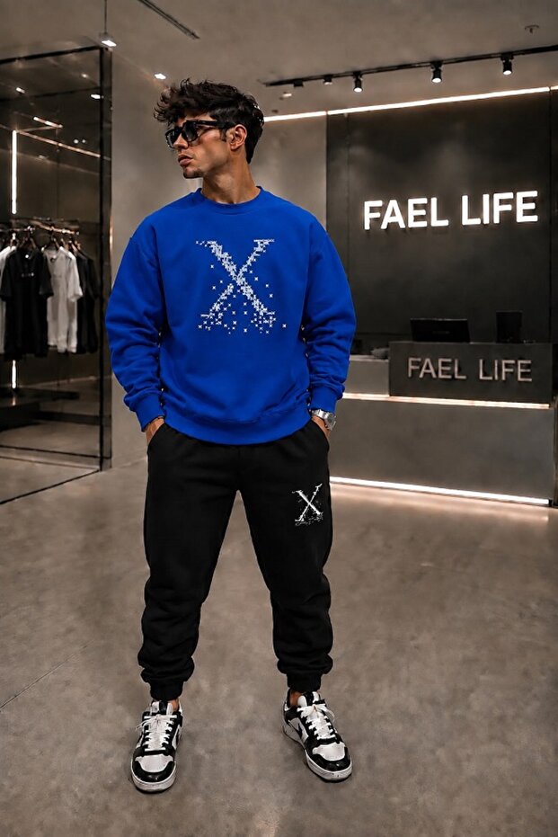 Unisex Comfortable Fit Zero Collar and Sweatpants X Printed Set