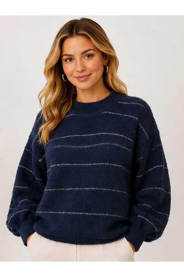 Asez Boutique Women's Striped Soft Knitwear Sweater Crew Neck Oversize Long Sleeve