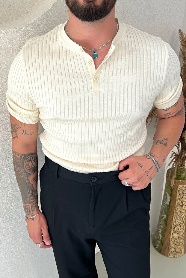 100% Cotton Vertical Striped High Collar Relaxed Knitwear Tshirt Cream