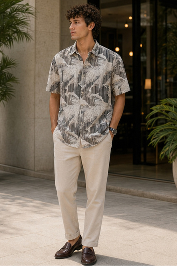 Men's Regular Fit Checked Short-Sleeve Shirt - Cream