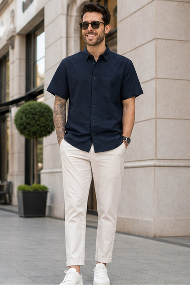 Men's Regular Fit Solid Short-Sleeve Shirt - Navy