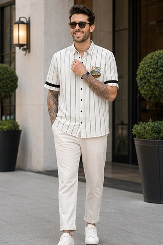 Men's Regular Fit Striped Short-Sleeve Shirt - White
