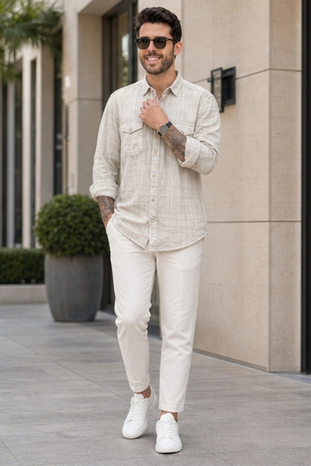 Men's Slim Fit Long-Sleeve Shirt - Beige