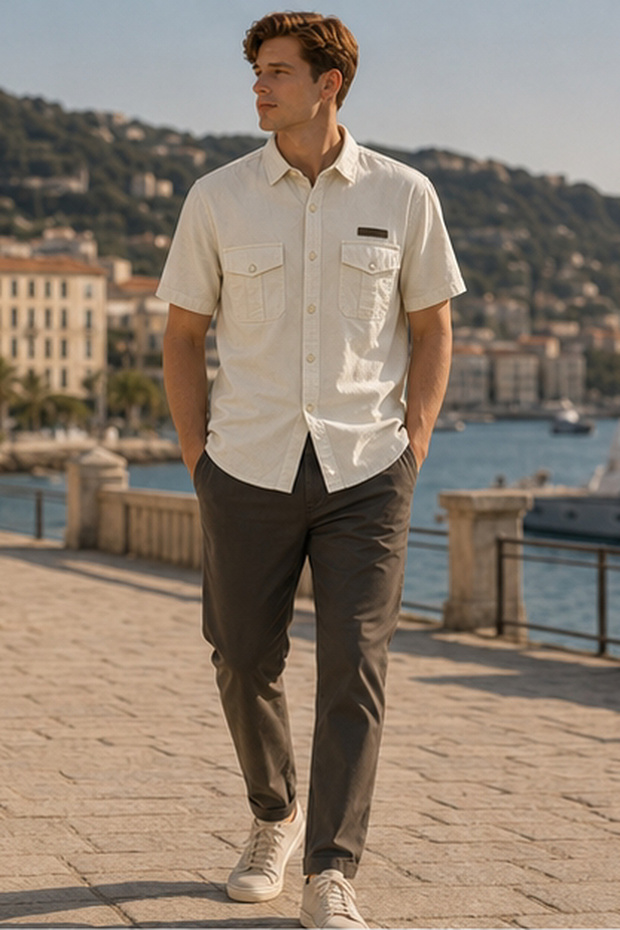 Men's Slim Fit Short-Sleeve Shirt - Beige