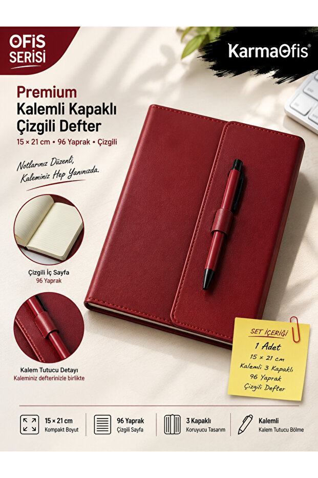 Burgundy 15X21 cm Lined Notebook with Pen and Cover, 96 Sheets, 3 Covers – 7 Color Options