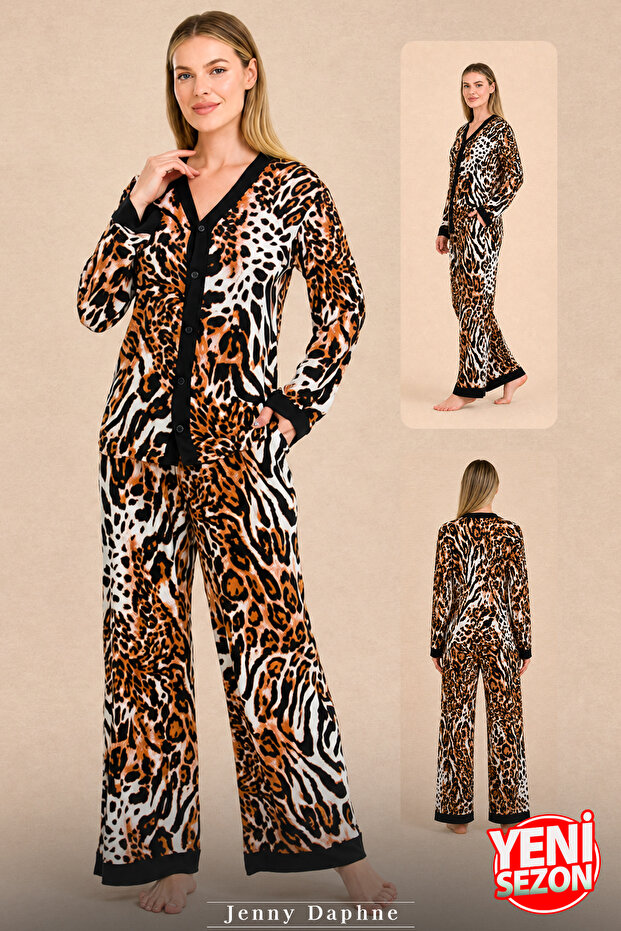 Women's Leopard Patterned Buttoned 92% Viscose Pajamas Set Long Sleeve Wide Leg 11713