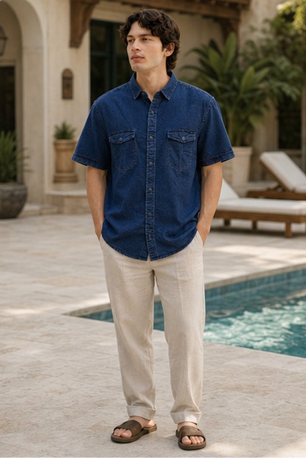 Men's Slim Fit Solid Cotton Short-Sleeve Denim Shirt - Blue