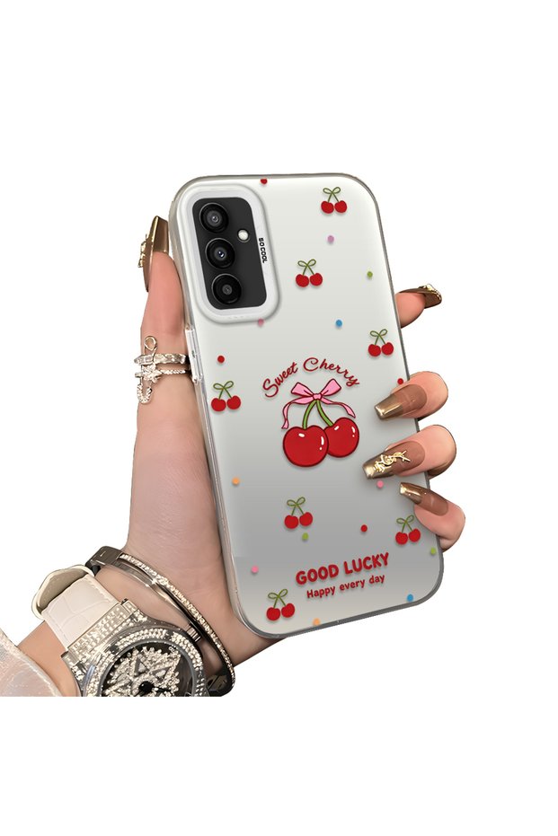 Samsung Galaxy F23 Compatible Hard Acrylic Back Silicone Edge Lens Protection Cherry Case