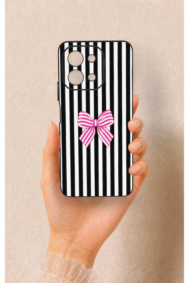 Vivo Y28 Compatible Pink and White Ribbon Patterned Silicone Case