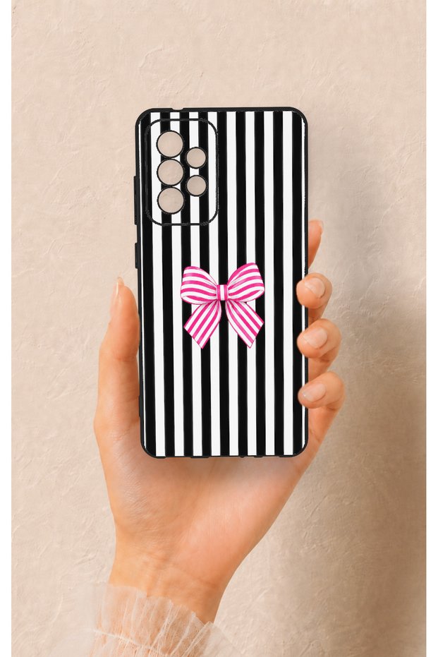 Samsung A52 Compatible Pink and White Ribbon Patterned Silicone Case